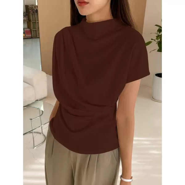 SweatyRocks Women's Casual Short Sleeve Mock Neck Tee Top Asymmetric Ruched Plain T Shirt
