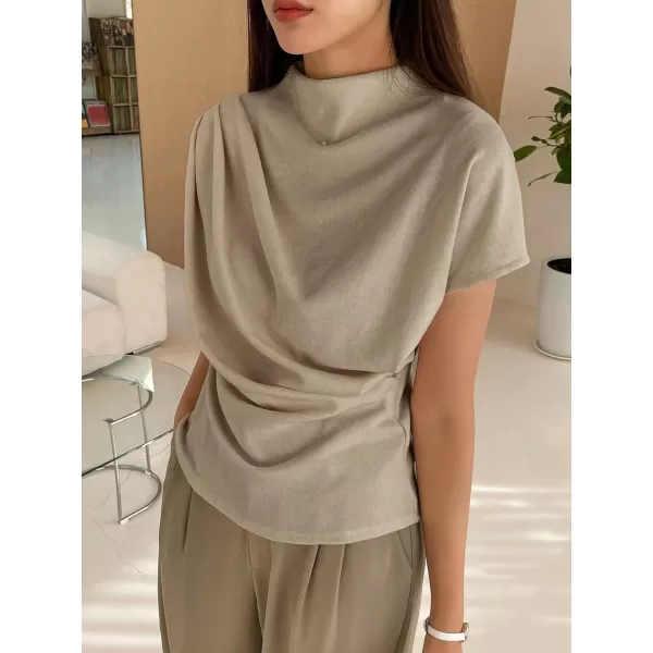 SweatyRocks Women's Casual Short Sleeve Mock Neck Tee Top Asymmetric Ruched Plain T Shirt
