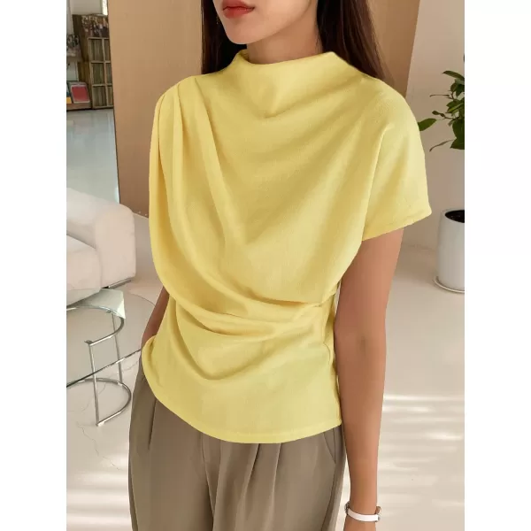 SweatyRocks Women's Casual Short Sleeve Mock Neck Tee Top Asymmetric Ruched Plain T Shirt