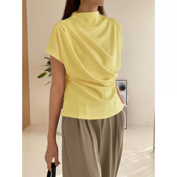 SweatyRocks Women's Casual Short Sleeve Mock Neck Tee Top Asymmetric Ruched Plain T Shirt