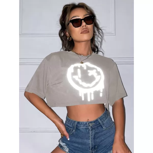 SweatyRocks Women's Casual Short Sleeve Round Neck Reflective Graphic Print Crop Top Tee Shirt