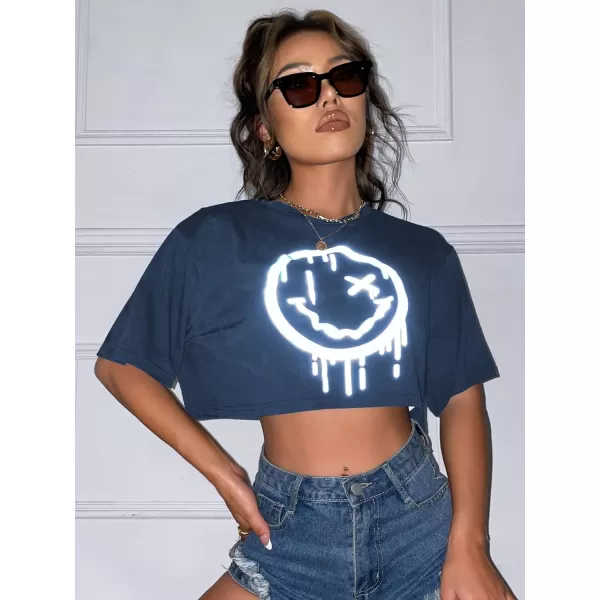 SweatyRocks Women's Casual Short Sleeve Round Neck Reflective Graphic Print Crop Top Tee Shirt