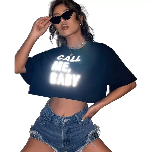 SweatyRocks Women's Casual Short Sleeve Round Neck Reflective Graphic Print Crop Top Tee Shirt