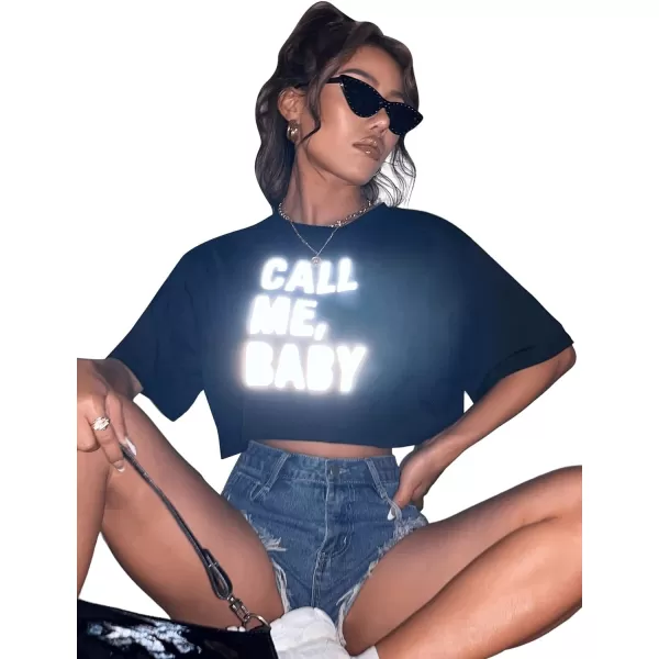 SweatyRocks Women's Casual Short Sleeve Round Neck Reflective Graphic Print Crop Top Tee Shirt