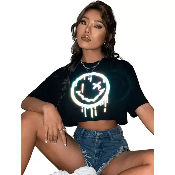 SweatyRocks Women's Casual Short Sleeve Round Neck Reflective Graphic Print Crop Top Tee Shirt