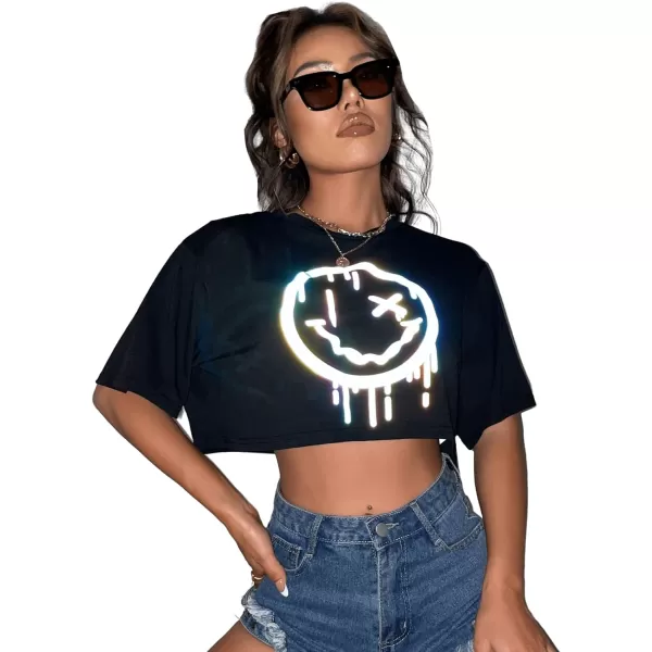 SweatyRocks Women's Casual Short Sleeve Round Neck Reflective Graphic Print Crop Top Tee Shirt