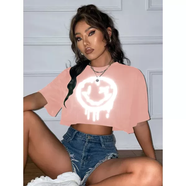 SweatyRocks Women's Casual Short Sleeve Round Neck Reflective Graphic Print Crop Top Tee Shirt