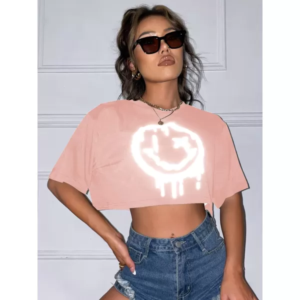 SweatyRocks Women's Casual Short Sleeve Round Neck Reflective Graphic Print Crop Top Tee Shirt