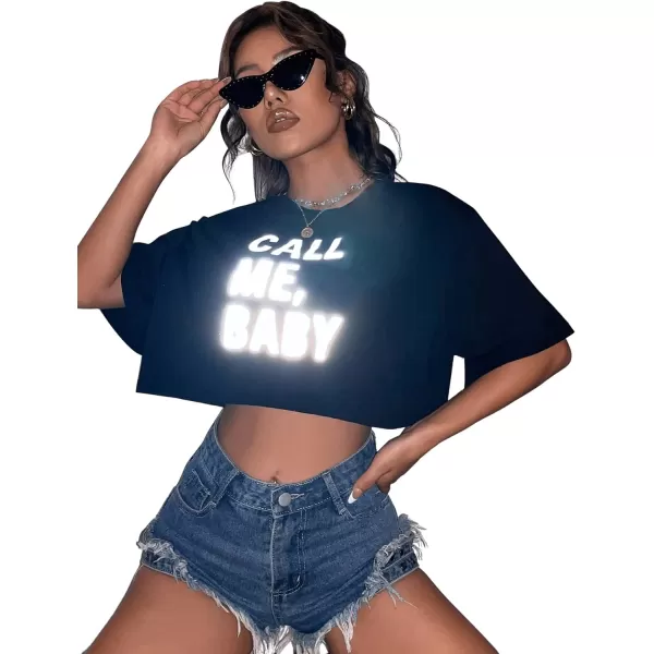 SweatyRocks Women's Casual Short Sleeve Round Neck Reflective Graphic Print Crop Top Tee Shirt