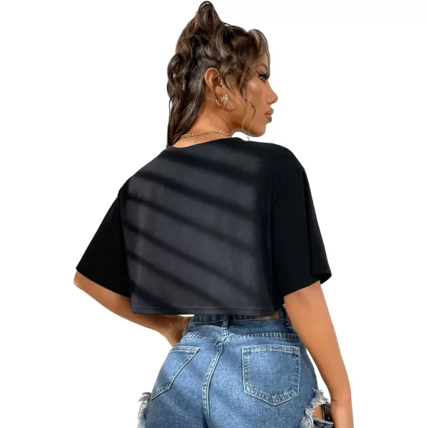 SweatyRocks Women's Casual Short Sleeve Round Neck Reflective Graphic Print Crop Top Tee Shirt