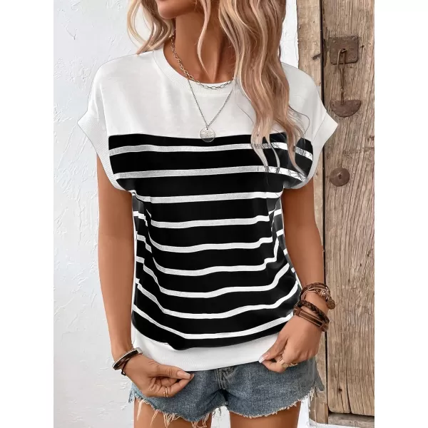 SweatyRocks Women's Casual Short Sleeve Round Neck Stripe Print Pullover Tee Shirt Top