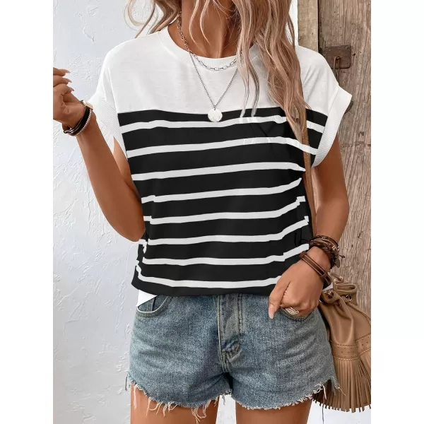 SweatyRocks Women's Casual Short Sleeve Round Neck Stripe Print Pullover Tee Shirt Top