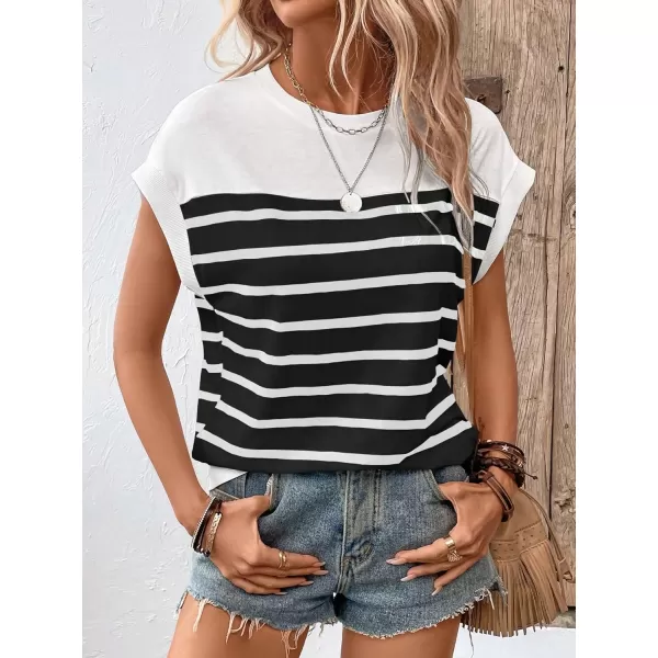 SweatyRocks Women's Casual Short Sleeve Round Neck Stripe Print Pullover Tee Shirt Top