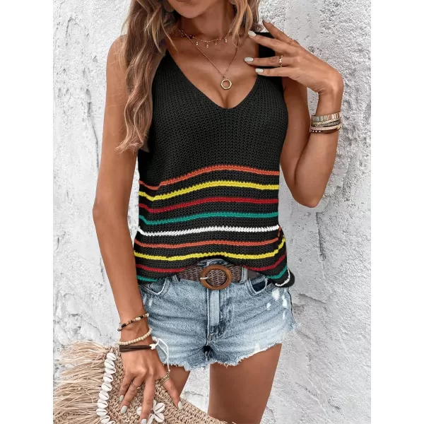 SweatyRocks Women's Casual Stripe V Neck Sleeveless Sweater Vests Ribbed Knit Tank Vests