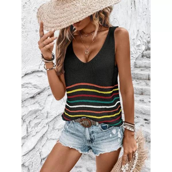 SweatyRocks Women's Casual Stripe V Neck Sleeveless Sweater Vests Ribbed Knit Tank Vests