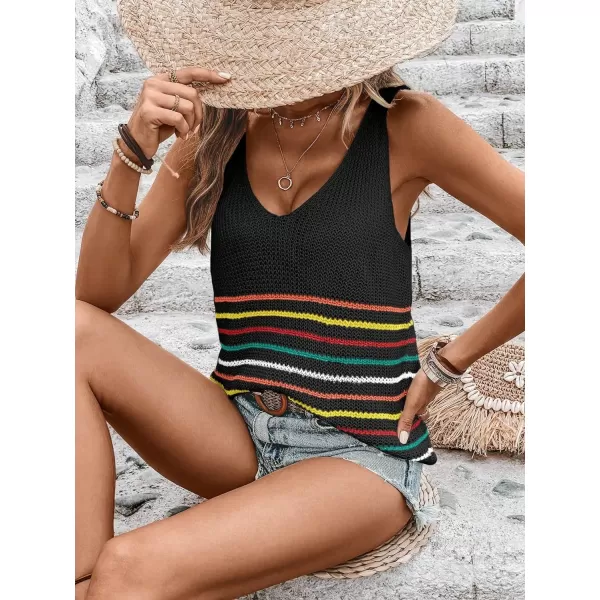 SweatyRocks Women's Casual Stripe V Neck Sleeveless Sweater Vests Ribbed Knit Tank Vests