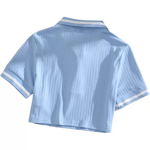 SweatyRocks Women's Collar Half Button Short Sleeve Striped Crop Top T-Shirts