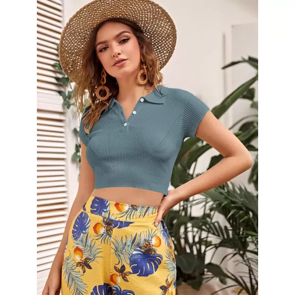 SweatyRocks Women's Collar Half Button Short Sleeve Striped Crop Top T-Shirts