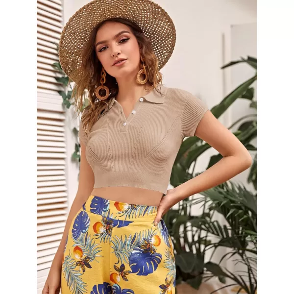 SweatyRocks Women's Collar Half Button Short Sleeve Striped Crop Top T-Shirts