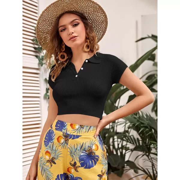 SweatyRocks Women's Collar Half Button Short Sleeve Striped Crop Top T-Shirts