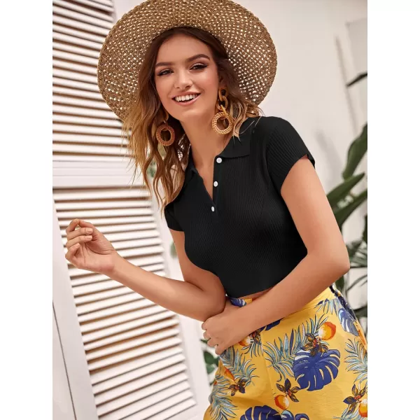 SweatyRocks Women's Collar Half Button Short Sleeve Striped Crop Top T-Shirts