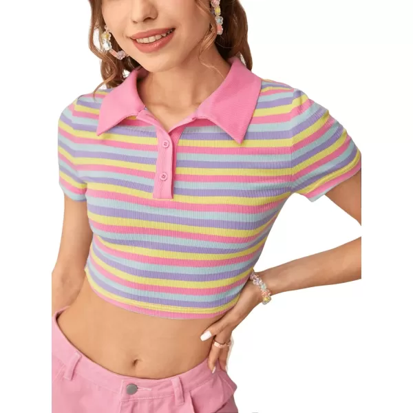 SweatyRocks Women's Collar Half Button Short Sleeve Striped Crop Top T-Shirts