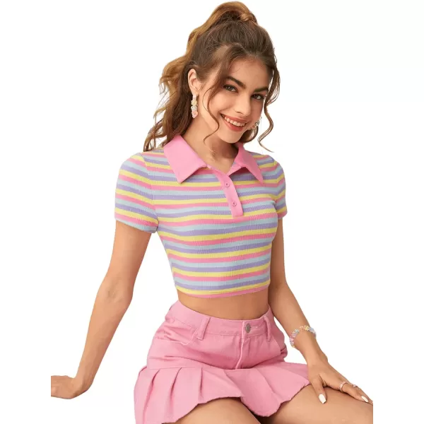 SweatyRocks Women's Collar Half Button Short Sleeve Striped Crop Top T-Shirts