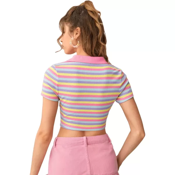 SweatyRocks Women's Collar Half Button Short Sleeve Striped Crop Top T-Shirts