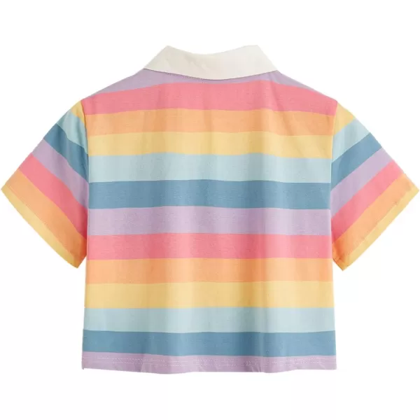 SweatyRocks Women's Collar Half Button Short Sleeve Striped Crop Top T-Shirts
