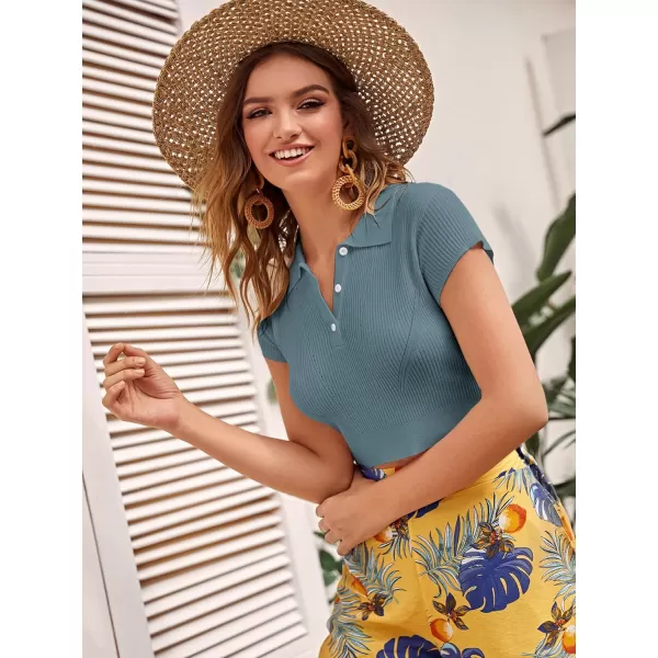 SweatyRocks Women's Collar Half Button Short Sleeve Striped Crop Top T-Shirts