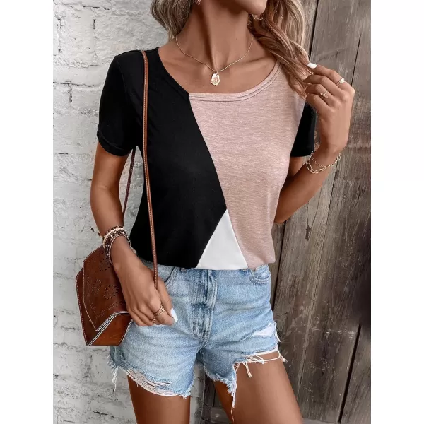 SweatyRocks Women's Colorblock Asymmetrical Neck T Shirt Short Sleeve Casual Summer Tee Tops