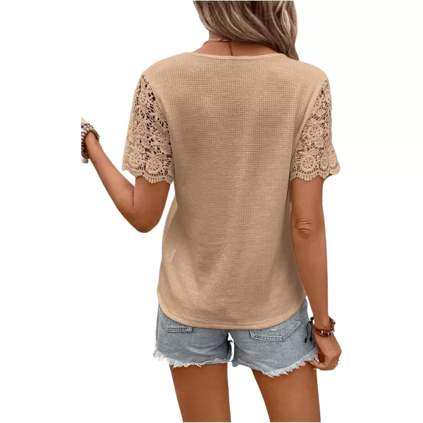 SweatyRocks Women's Contrast Lace Button Front Notched V Neck Short Sleeve Scallop Trim Tee Shirt Top