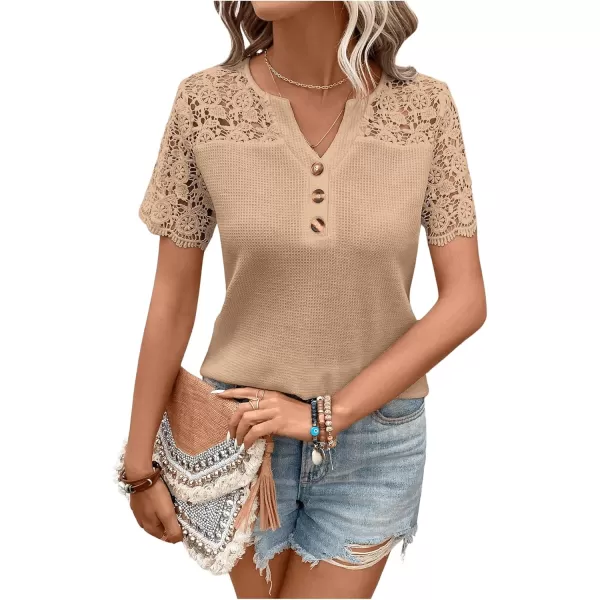 SweatyRocks Women's Contrast Lace Button Front Notched V Neck Short Sleeve Scallop Trim Tee Shirt Top