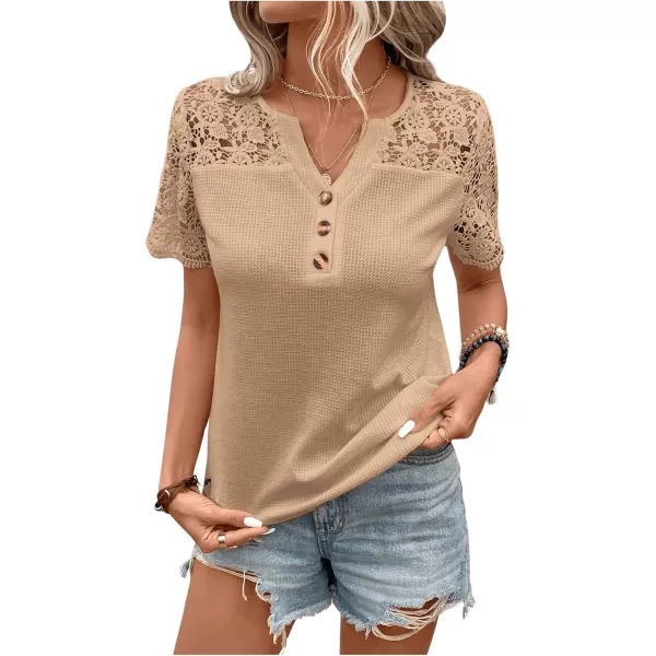 SweatyRocks Women's Contrast Lace Button Front Notched V Neck Short Sleeve Scallop Trim Tee Shirt Top