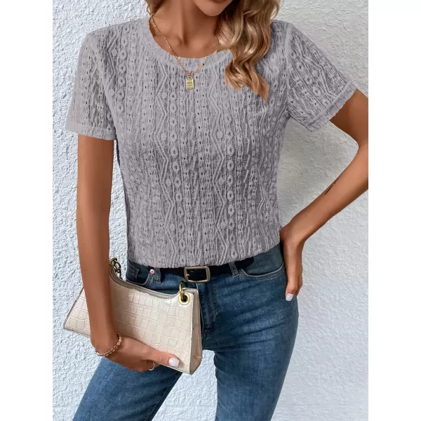 SweatyRocks Women's Eyelet Embroidery Short Sleeve Tops Shirts Solid Crewneck Retro Plain Casual Holiday T-Shirts