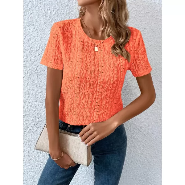 SweatyRocks Women's Eyelet Embroidery Short Sleeve Tops Shirts Solid Crewneck Retro Plain Casual Holiday T-Shirts