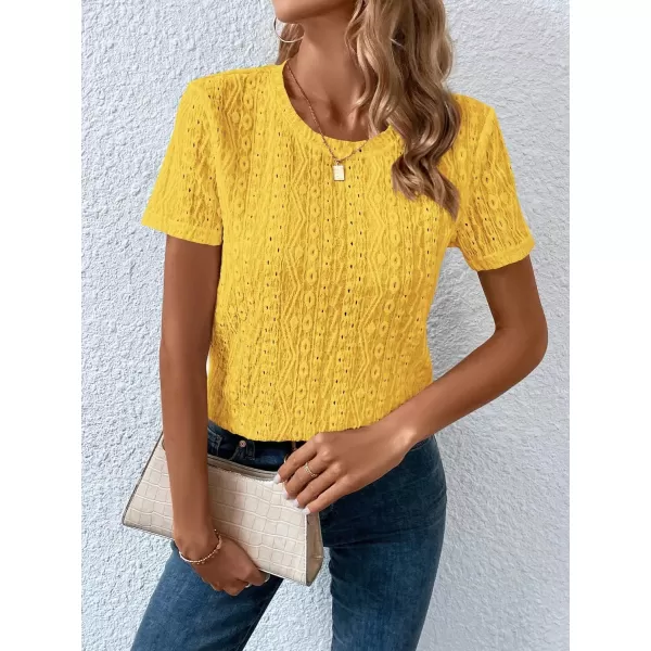 SweatyRocks Women's Eyelet Embroidery Short Sleeve Tops Shirts Solid Crewneck Retro Plain Casual Holiday T-Shirts