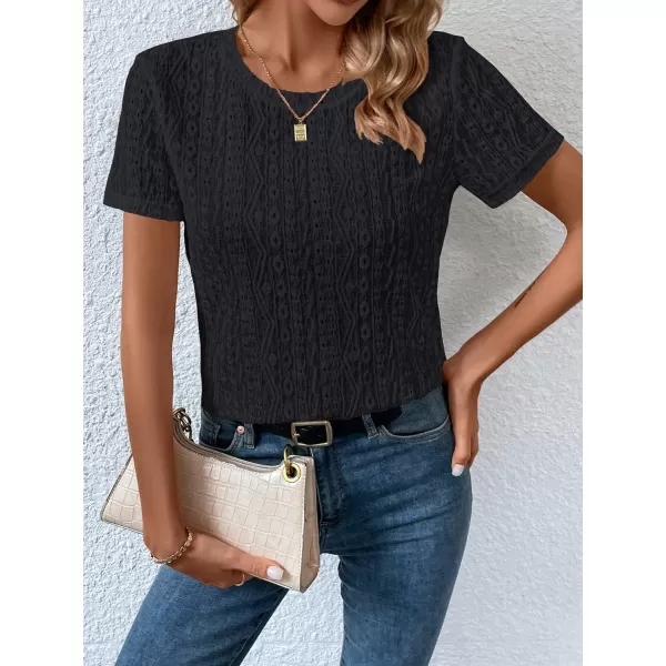 SweatyRocks Women's Eyelet Embroidery Short Sleeve Tops Shirts Solid Crewneck Retro Plain Casual Holiday T-Shirts