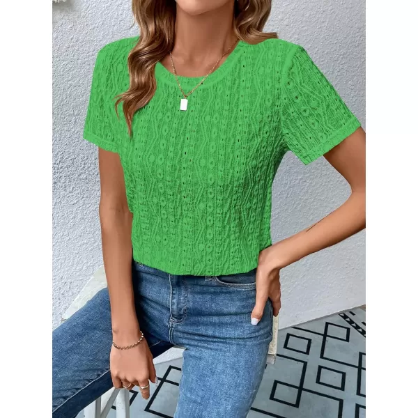 SweatyRocks Women's Eyelet Embroidery Short Sleeve Tops Shirts Solid Crewneck Retro Plain Casual Holiday T-Shirts