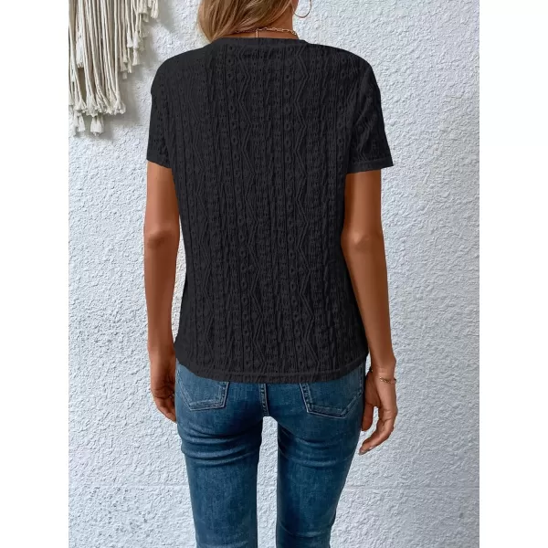 SweatyRocks Women's Eyelet Embroidery Short Sleeve Tops Shirts Solid Crewneck Retro Plain Casual Holiday T-Shirts