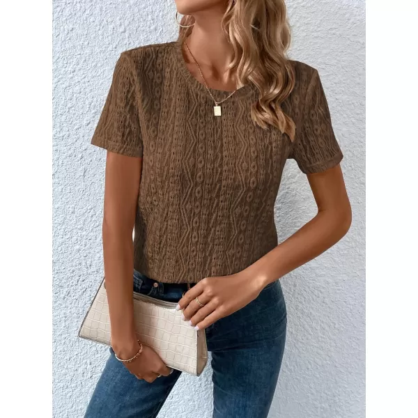 SweatyRocks Women's Eyelet Embroidery Short Sleeve Tops Shirts Solid Crewneck Retro Plain Casual Holiday T-Shirts