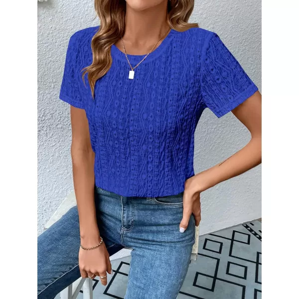 SweatyRocks Women's Eyelet Embroidery Short Sleeve Tops Shirts Solid Crewneck Retro Plain Casual Holiday T-Shirts