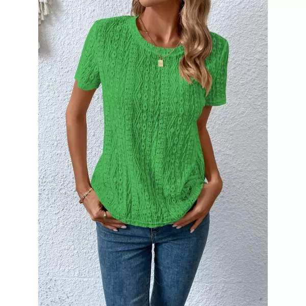 SweatyRocks Women's Eyelet Embroidery Short Sleeve Tops Shirts Solid Crewneck Retro Plain Casual Holiday T-Shirts