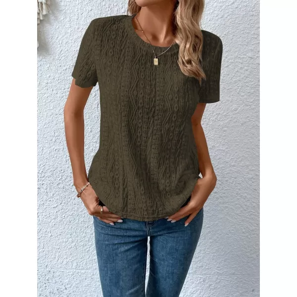 SweatyRocks Women's Eyelet Embroidery Short Sleeve Tops Shirts Solid Crewneck Retro Plain Casual Holiday T-Shirts