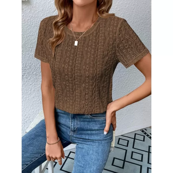 SweatyRocks Women's Eyelet Embroidery Short Sleeve Tops Shirts Solid Crewneck Retro Plain Casual Holiday T-Shirts
