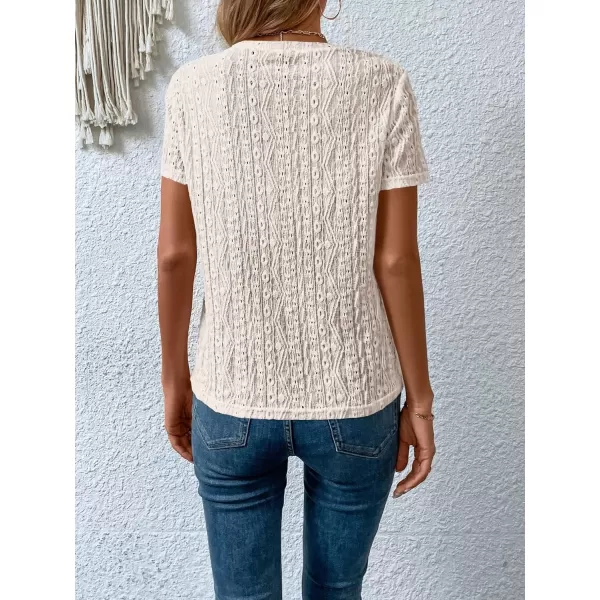 SweatyRocks Women's Eyelet Embroidery Short Sleeve Tops Shirts Solid Crewneck Retro Plain Casual Holiday T-Shirts