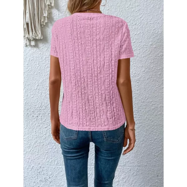SweatyRocks Women's Eyelet Embroidery Short Sleeve Tops Shirts Solid Crewneck Retro Plain Casual Holiday T-Shirts
