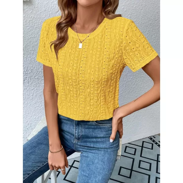SweatyRocks Women's Eyelet Embroidery Short Sleeve Tops Shirts Solid Crewneck Retro Plain Casual Holiday T-Shirts