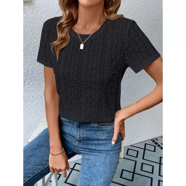 SweatyRocks Women's Eyelet Embroidery Short Sleeve Tops Shirts Solid Crewneck Retro Plain Casual Holiday T-Shirts