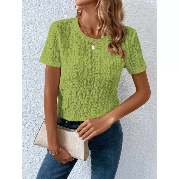 SweatyRocks Women's Eyelet Embroidery Short Sleeve Tops Shirts Solid Crewneck Retro Plain Casual Holiday T-Shirts